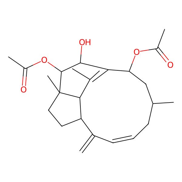 2D Structure of [(1R,3E,6S,8S,10R,11R,12S,15S)-11-acetyloxy-10-hydroxy-6,12,16-trimethyl-2-methylidene-8-tricyclo[7.5.2.012,15]hexadeca-3,9(16)-dienyl] acetate