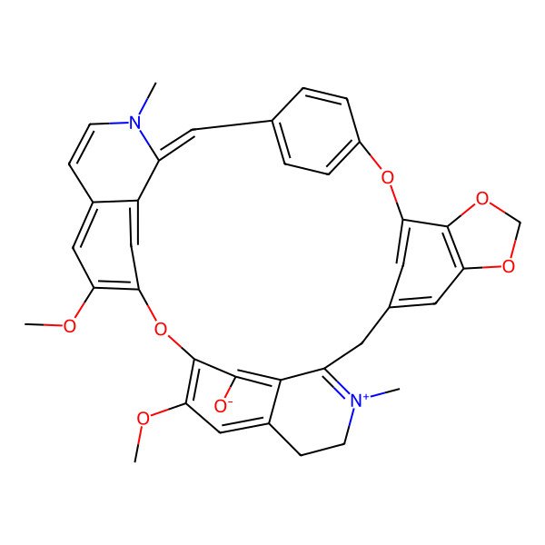 2D Structure of (25E)-32,39-dimethoxy-9,27-dimethyl-2,15,17,20-tetraoxa-27-aza-9-azoniaoctacyclo[24.6.2.23,6.221,24.112,19.05,10.014,18.030,34]nonatriaconta-1(32),3(39),4,6(38),9,12,14(18),19(37),21,23,25,28,30,33,35-pentadecaen-4-olate