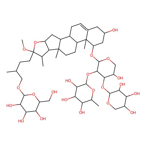 2D Structure of (2S,3R,4R,5R,6S)-2-[(2S,3R,4S,5S)-5-hydroxy-2-[[(1S,2S,4S,6R,7S,8R,9S,12S,13R,14R,16R)-16-hydroxy-6-methoxy-7,9,13-trimethyl-6-[(3R)-3-methyl-4-[(2R,3R,4S,5S,6R)-3,4,5-trihydroxy-6-(hydroxymethyl)oxan-2-yl]oxybutyl]-5-oxapentacyclo[10.8.0.02,9.04,8.013,18]icos-18-en-14-yl]oxy]-4-[(2S,3R,4S,5R)-3,4,5-trihydroxyoxan-2-yl]oxyoxan-3-yl]oxy-6-methyloxane-3,4,5-triol