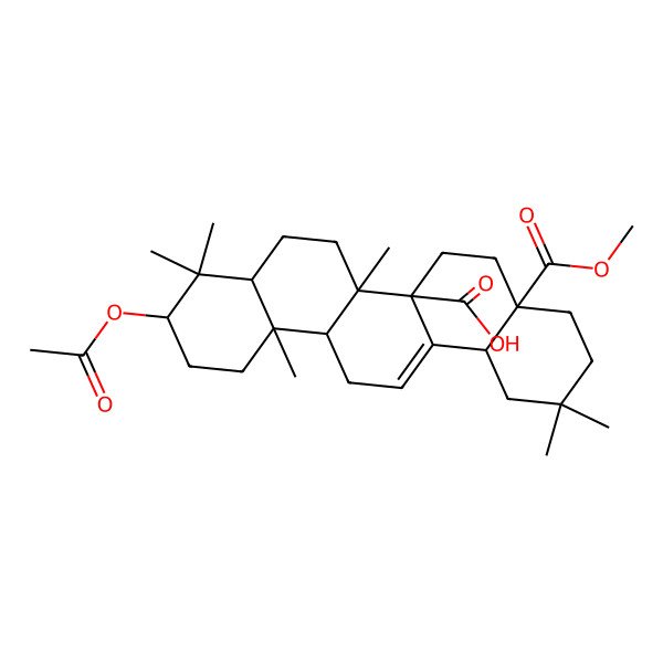 2D Structure of (4aS,6aR,6aR,6bR,8aR,10R,12aR,14bS)-10-acetyloxy-4a-methoxycarbonyl-2,2,6b,9,9,12a-hexamethyl-1,3,4,5,6,6a,7,8,8a,10,11,12,13,14b-tetradecahydropicene-6a-carboxylic acid