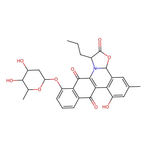 2D Structure of (3R)-19-[(2S,5R)-4,5-dihydroxy-6-methyloxan-2-yl]oxy-11-hydroxy-9-methyl-3-propyl-5-oxa-2-azapentacyclo[11.8.0.02,6.07,12.015,20]henicosa-1(13),7(12),8,10,15(20),16,18-heptaene-4,14,21-trione