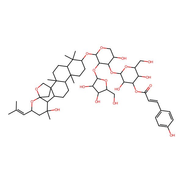 2D Structure of [(2S,4S,5S)-2-[(3S,4S,5S)-3-[(3S,4R,5R)-3,4-dihydroxy-5-(hydroxymethyl)oxolan-2-yl]oxy-5-hydroxy-2-[[(2R,7S,10R,16S)-16-hydroxy-2,6,6,10,16-pentamethyl-18-(2-methylprop-1-enyl)-19,21-dioxahexacyclo[18.2.1.01,14.02,11.05,10.015,20]tricosan-7-yl]oxy]oxan-4-yl]oxy-3,5-dihydroxy-6-(hydroxymethyl)oxan-4-yl] (E)-3-(4-hydroxyphenyl)prop-2-enoate