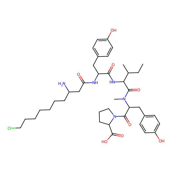2D Structure of (2S)-1-[(2S)-2-[[(2S,3R)-2-[[(2S)-2-[[(3R)-3-amino-10-chlorodecanoyl]amino]-3-(4-hydroxyphenyl)propanoyl]amino]-3-methylpentanoyl]-methylamino]-3-(4-hydroxyphenyl)propanoyl]pyrrolidine-2-carboxylic acid