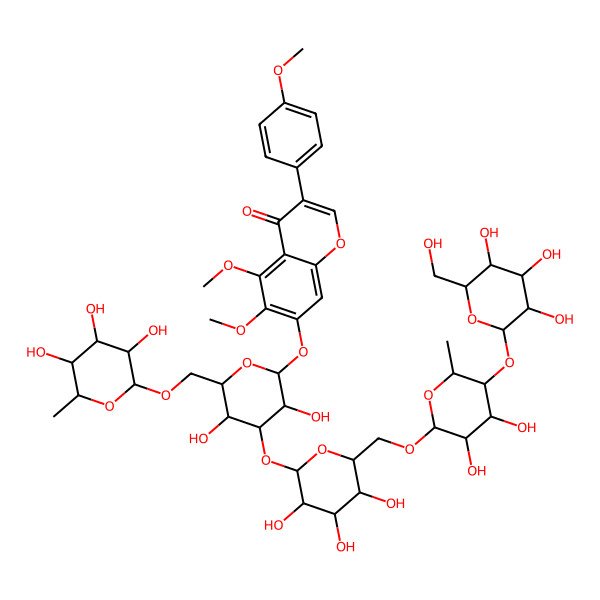 2D Structure of 7-[(2R,3S,4R,5S,6S)-4-[(2S,3R,4S,5S,6R)-6-[[(2R,3R,4S,5R,6S)-3,4-dihydroxy-6-methyl-5-[(2R,3S,4R,5R,6S)-3,4,5-trihydroxy-6-(hydroxymethyl)oxan-2-yl]oxyoxan-2-yl]oxymethyl]-3,4,5-trihydroxyoxan-2-yl]oxy-3,5-dihydroxy-6-[[(2R,3R,4R,5R,6S)-3,4,5-trihydroxy-6-methyloxan-2-yl]oxymethyl]oxan-2-yl]oxy-5,6-dimethoxy-3-(4-methoxyphenyl)chromen-4-one