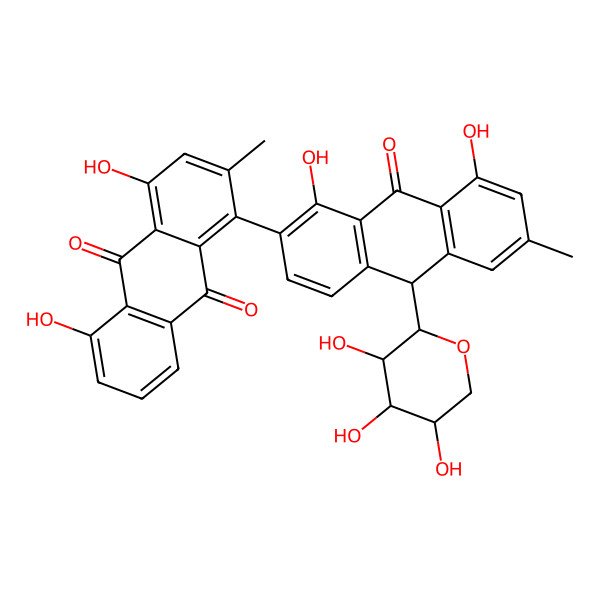 2D Structure of 1-[(10S)-1,8-dihydroxy-6-methyl-9-oxo-10-[(2S,3R,4S,5S)-3,4,5-trihydroxyoxan-2-yl]-10H-anthracen-2-yl]-4,5-dihydroxy-2-methylanthracene-9,10-dione