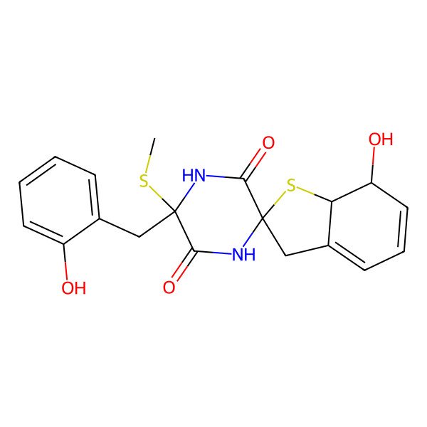 2D Structure of 7-hydroxy-3'-[(2-hydroxyphenyl)methyl]-3'-methylsulfanylspiro[7,7a-dihydro-3H-1-benzothiophene-2,6'-piperazine]-2',5'-dione