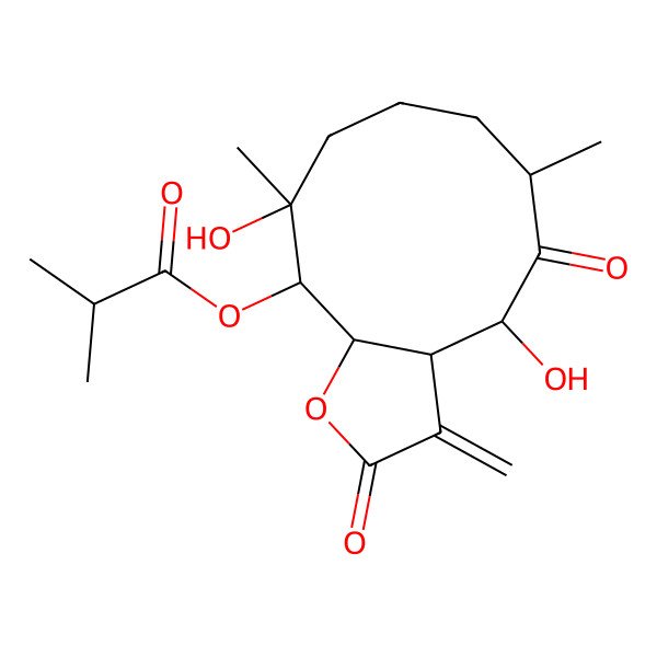 2D Structure of [(3aS,4S,6S,10R,11S,11aR)-4,10-dihydroxy-6,10-dimethyl-3-methylidene-2,5-dioxo-3a,4,6,7,8,9,11,11a-octahydrocyclodeca[b]furan-11-yl] 2-methylpropanoate
