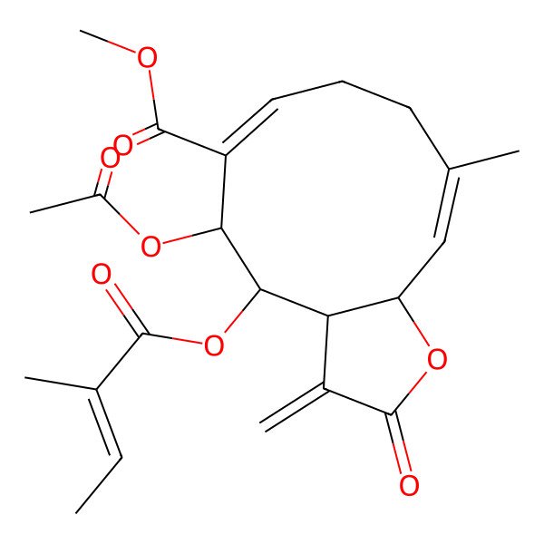 2D Structure of methyl (3aR,4S,5R,6E,10Z,11aS)-5-acetyloxy-10-methyl-4-[(Z)-2-methylbut-2-enoyl]oxy-3-methylidene-2-oxo-3a,4,5,8,9,11a-hexahydrocyclodeca[b]furan-6-carboxylate