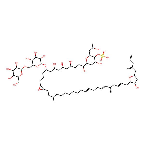 2D Structure of [(2R,3S,4S,6S)-4-hydroxy-2-(2-hydroxypropyl)-6-[1,4,8-trihydroxy-13-[3-[(11E,15E,19E)-21-[(2S,3R,5R)-3-hydroxy-5-(2-methylidenepent-4-enyl)oxolan-2-yl]-3-methyl-17-methylidenehenicosa-11,15,19-trienyl]oxiran-2-yl]-6-oxo-10-[(2R,3R,4S,5S,6R)-3,4,5-trihydroxy-6-[[(2R,3R,4S,5S,6R)-3,4,5-trihydroxy-6-(hydroxymethyl)oxan-2-yl]oxymethyl]oxan-2-yl]oxytridecyl]oxan-3-yl] hydrogen sulfate