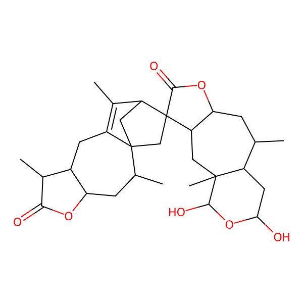 2D Structure of (1S,1'S,2R,3'R,4R,7S,7'R,8R,9'R,10'S,12S,12'R,13R,14'R)-12',14'-dihydroxy-1',2,7,9',11-pentamethylspiro[5-oxatetracyclo[10.2.1.01,10.04,8]pentadec-10-ene-13,4'-6,13-dioxatricyclo[8.4.0.03,7]tetradecane]-5',6-dione