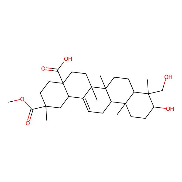 2D Structure of (2R,4aR,6aR,6aS,6bR,9R,10S,12aR,14bR)-10-hydroxy-9-(hydroxymethyl)-2-methoxycarbonyl-2,6a,6b,9,12a-pentamethyl-1,3,4,5,6,6a,7,8,8a,10,11,12,13,14b-tetradecahydropicene-4a-carboxylic acid