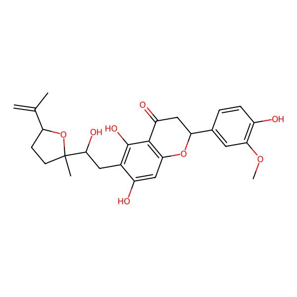 2D Structure of (2S)-5,7-dihydroxy-2-(4-hydroxy-3-methoxyphenyl)-6-[2-hydroxy-2-(2-methyl-5-prop-1-en-2-yloxolan-2-yl)ethyl]-2,3-dihydrochromen-4-one