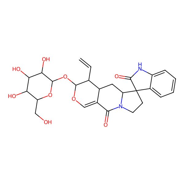 2D Structure of 4'-ethenyl-3'-[3,4,5-trihydroxy-6-(hydroxymethyl)oxan-2-yl]oxyspiro[1H-indole-3,6'-4,4a,5,5a,7,8-hexahydro-3H-pyrano[3,4-f]indolizine]-2,10'-dione