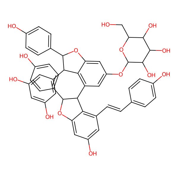2D Structure of beta-D-Glucopyranoside, (2S,2'R,3S,3'R)-3'-(3,5-dihydroxyphenyl)-2,2',3,3'-tetrahydro-6-hydroxy-2,2'-bis(4-hydroxyphenyl)-4-[(1Z)-2-(4-hydroxyphenyl)ethenyl][3,4'-bibenzofuran]-6'-yl