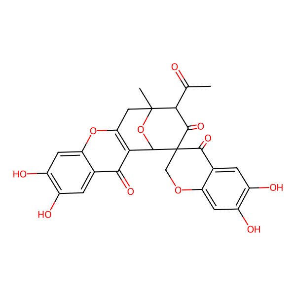 2D Structure of 14-acetyl-6,6',7,7'-tetrahydroxy-13-methylspiro[10,17-dioxatetracyclo[11.3.1.02,11.04,9]heptadeca-2(11),4,6,8-tetraene-16,3'-2H-chromene]-3,4',15-trione