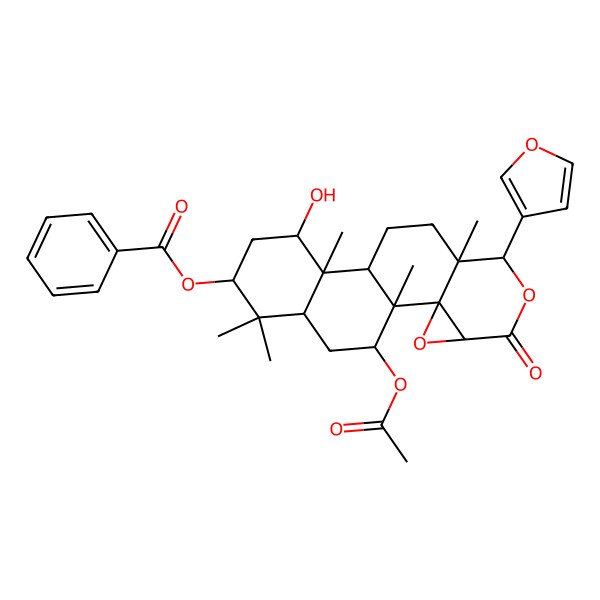 2D Structure of [(1S,2R,4S,7S,8S,11R,12S,13S,15R,17S,19R)-19-acetyloxy-7-(furan-3-yl)-13-hydroxy-1,8,12,16,16-pentamethyl-5-oxo-3,6-dioxapentacyclo[9.8.0.02,4.02,8.012,17]nonadecan-15-yl] benzoate