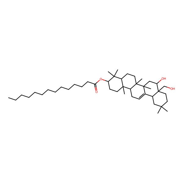 2D Structure of [(3S,4aR,6aR,6bS,8S,8aS,12aS,14aR,14bR)-8-hydroxy-8a-(hydroxymethyl)-4,4,6a,6b,11,11,14b-heptamethyl-1,2,3,4a,5,6,7,8,9,10,12,12a,14,14a-tetradecahydropicen-3-yl] tetradecanoate