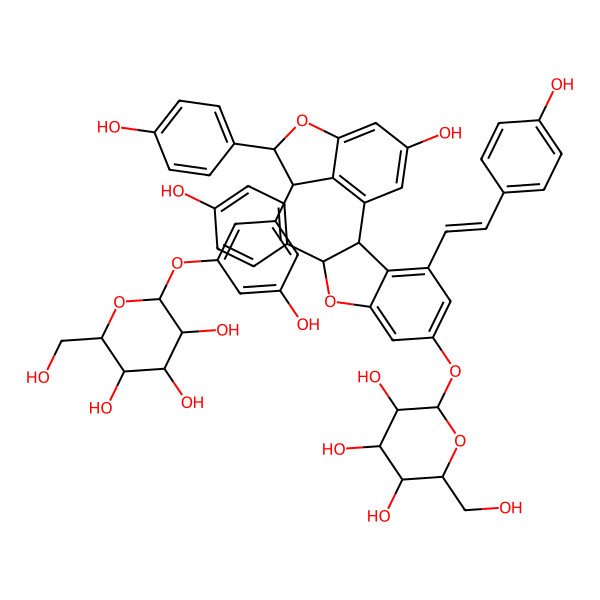 2D Structure of (2S,3R,4S,5S,6R)-2-[3-hydroxy-5-[(2S,3R)-6-hydroxy-2-(4-hydroxyphenyl)-4-[(2R,3R)-2-(4-hydroxyphenyl)-4-[(Z)-2-(4-hydroxyphenyl)ethenyl]-6-[(2S,3R,4S,5S,6R)-3,4,5-trihydroxy-6-(hydroxymethyl)oxan-2-yl]oxy-2,3-dihydro-1-benzofuran-3-yl]-2,3-dihydro-1-benzofuran-3-yl]phenoxy]-6-(hydroxymethyl)oxane-3,4,5-triol