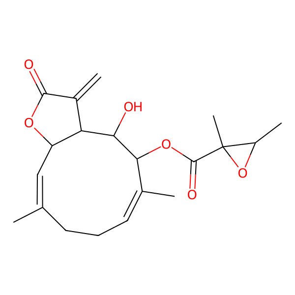 2D Structure of [(3aR,4R,5R,6E,10E,11aS)-4-hydroxy-6,10-dimethyl-3-methylidene-2-oxo-3a,4,5,8,9,11a-hexahydrocyclodeca[b]furan-5-yl] (2S,3S)-2,3-dimethyloxirane-2-carboxylate
