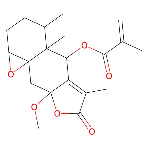 2D Structure of (3-Methoxy-6,9,10-trimethyl-5-oxo-4,14-dioxatetracyclo[7.5.0.01,13.03,7]tetradec-6-en-8-yl) 2-methylprop-2-enoate