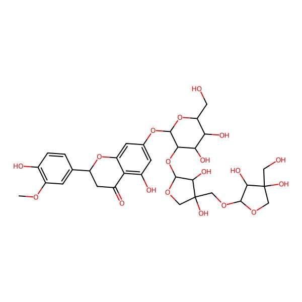 2D Structure of 5-Hydroxy-2-(4-hydroxy-3-methoxyphenyl)-4-oxo-3,4-dihydro-2H-1-benzopyran-7-yl 2-O-(4-(((3,4-dihydroxy-4-(hydroxymethyl)oxolan-2-yl)oxy)methyl)-3,4-dihydroxyoxolan-2-yl)hexopyranoside