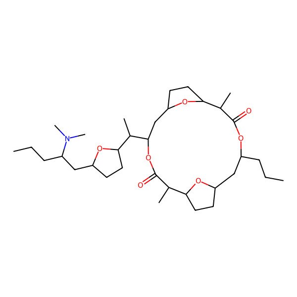2D Structure of 5-[1-[5-[2-(Dimethylamino)pentyl]oxolan-2-yl]ethyl]-2,11-dimethyl-14-propyl-4,13,19,20-tetraoxatricyclo[14.2.1.17,10]icosane-3,12-dione