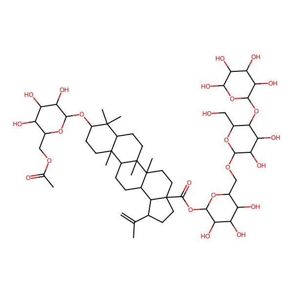 2D Structure of [6-[[3,4-Dihydroxy-6-(hydroxymethyl)-5-(3,4,5,6-tetrahydroxyoxan-2-yl)oxyoxan-2-yl]oxymethyl]-3,4,5-trihydroxyoxan-2-yl] 9-[6-(acetyloxymethyl)-3,4,5-trihydroxyoxan-2-yl]oxy-5a,5b,8,8,11a-pentamethyl-1-prop-1-en-2-yl-1,2,3,4,5,6,7,7a,9,10,11,11b,12,13,13a,13b-hexadecahydrocyclopenta[a]chrysene-3a-carboxylate
