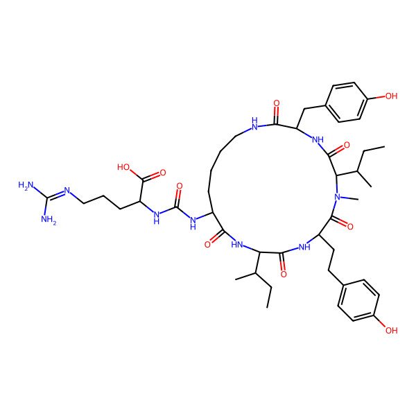 2D Structure of (2S)-2-[[(3S,6S,9S,12S,15R)-12-[(2S)-butan-2-yl]-6-[(2R)-butan-2-yl]-9-[2-(4-hydroxyphenyl)ethyl]-3-[(4-hydroxyphenyl)methyl]-7-methyl-2,5,8,11,14-pentaoxo-1,4,7,10,13-pentazacyclononadec-15-yl]carbamoylamino]-5-(diaminomethylideneamino)pentanoic acid
