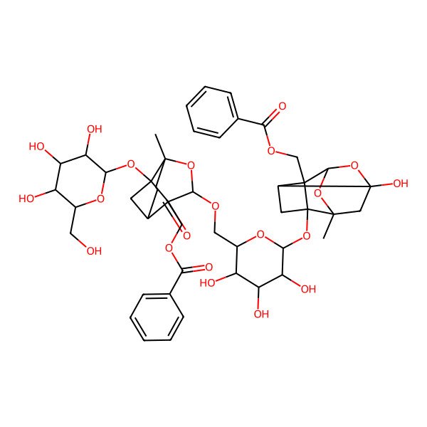 2D Structure of [8-[[6-[[2-(Benzoyloxymethyl)-6-hydroxy-8-methyl-9,10-dioxatetracyclo[4.3.1.02,5.03,8]decan-3-yl]oxy]-3,4,5-trihydroxyoxan-2-yl]methoxy]-6-methyl-4-oxo-1-[3,4,5-trihydroxy-6-(hydroxymethyl)oxan-2-yl]oxy-7-oxatricyclo[4.3.0.03,9]nonan-9-yl]methyl benzoate