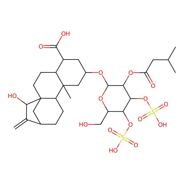 2D Structure of (1R,5R,7R,9R,13R,15S)-15-hydroxy-7-[(2R,3R,4R,5R,6R)-6-(hydroxymethyl)-3-(3-methylbutanoyloxy)-4,5-disulfooxyoxan-2-yl]oxy-9-methyl-14-methylidenetetracyclo[11.2.1.01,10.04,9]hexadecane-5-carboxylic acid