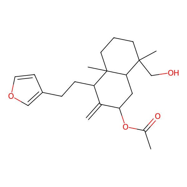 2D Structure of [4-[2-(furan-3-yl)ethyl]-8-(hydroxymethyl)-4a,8-dimethyl-3-methylidene-2,4,5,6,7,8a-hexahydro-1H-naphthalen-2-yl] acetate