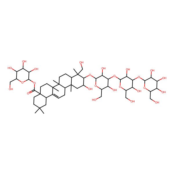 2D Structure of [(2S,3R,4S,5S,6R)-3,4,5-trihydroxy-6-(hydroxymethyl)oxan-2-yl] (4aS,6aR,6aS,6bR,8aR,9R,10R,11S,12aR,14bS)-10-[(2R,3R,4S,5R,6R)-4-[(2S,3R,4S,5S,6R)-3,5-dihydroxy-6-(hydroxymethyl)-4-[(2S,3R,4S,5R,6R)-3,4,5-trihydroxy-6-(hydroxymethyl)oxan-2-yl]oxyoxan-2-yl]oxy-3,5-dihydroxy-6-(hydroxymethyl)oxan-2-yl]oxy-11-hydroxy-9-(hydroxymethyl)-2,2,6a,6b,9,12a-hexamethyl-1,3,4,5,6,6a,7,8,8a,10,11,12,13,14b-tetradecahydropicene-4a-carboxylate