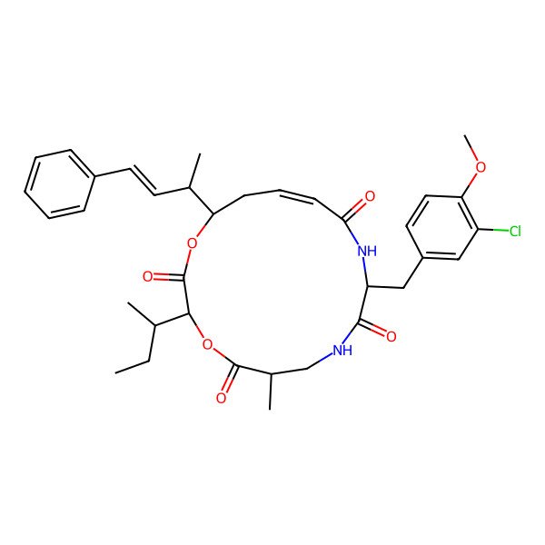 2D Structure of 3-Butan-2-yl-10-[(3-chloro-4-methoxyphenyl)methyl]-6-methyl-16-(4-phenylbut-3-en-2-yl)-1,4-dioxa-8,11-diazacyclohexadec-13-ene-2,5,9,12-tetrone