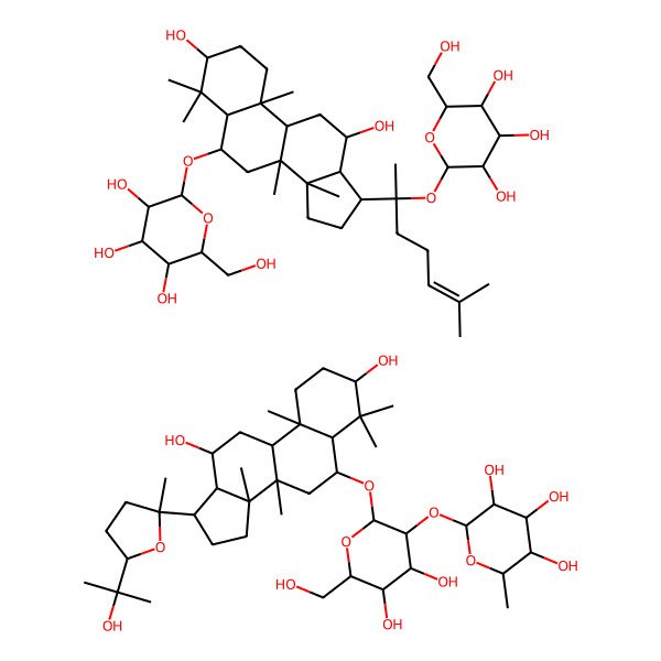 2D Structure of 2-[2-[[(3R,8S,10S,12S,13S,17R)-3,12-dihydroxy-17-[5-(2-hydroxypropan-2-yl)-2-methyloxolan-2-yl]-4,4,8,10,14-pentamethyl-2,3,5,6,7,9,11,12,13,15,16,17-dodecahydro-1H-cyclopenta[a]phenanthren-6-yl]oxy]-4,5-dihydroxy-6-(hydroxymethyl)oxan-3-yl]oxy-6-methyloxane-3,4,5-triol;2-[[(3R,8S,10S,12S,13S)-3,12-dihydroxy-4,4,8,10,14-pentamethyl-17-[6-methyl-2-[3,4,5-trihydroxy-6-(hydroxymethyl)oxan-2-yl]oxyhept-5-en-2-yl]-2,3,5,6,7,9,11,12,13,15,16,17-dodecahydro-1H-cyclopenta[a]phenanthren-6-yl]oxy]-6-(hydroxymethyl)oxane-3,4,5-triol