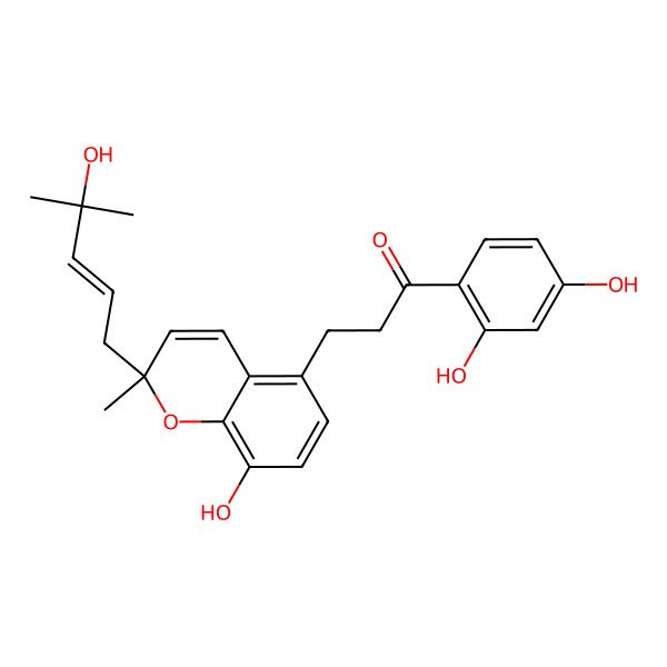 2D Structure of 1-(2,4-dihydroxyphenyl)-3-[(2R)-8-hydroxy-2-[(E)-4-hydroxy-4-methylpent-2-enyl]-2-methylchromen-5-yl]propan-1-one