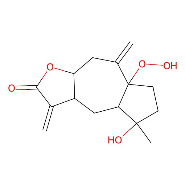 2D Structure of (3aS,5aR,8R,8aS,9aR)-5a-hydroperoxy-8-hydroxy-8-methyl-1,5-dimethylidene-4,6,7,8a,9,9a-hexahydro-3aH-azuleno[6,5-b]furan-2-one