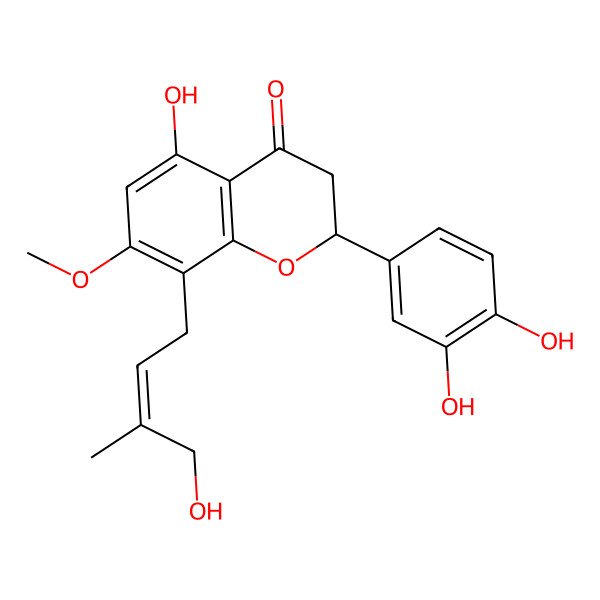2D Structure of (2S)-2-(3,4-dihydroxyphenyl)-5-hydroxy-8-[(Z)-4-hydroxy-3-methylbut-2-enyl]-7-methoxy-2,3-dihydrochromen-4-one
