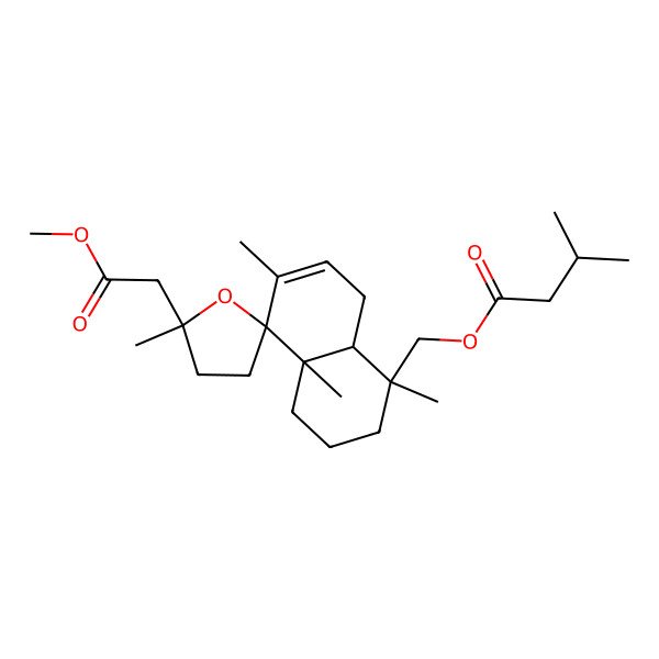 2D Structure of [(1R,4aS,5R,5'S,8aS)-5'-(2-methoxy-2-oxoethyl)-1,4a,5',6-tetramethylspiro[3,4,8,8a-tetrahydro-2H-naphthalene-5,2'-oxolane]-1-yl]methyl 3-methylbutanoate