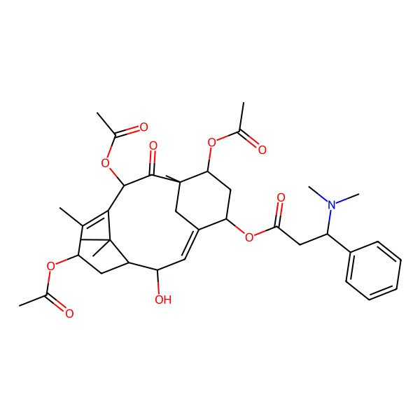2D Structure of [(1R,2S,3E,5S,7S,8S,10R,13S)-7,10,13-triacetyloxy-2-hydroxy-8,12,15,15-tetramethyl-9-oxo-5-tricyclo[9.3.1.14,8]hexadeca-3,11-dienyl] (3R)-3-(dimethylamino)-3-phenylpropanoate