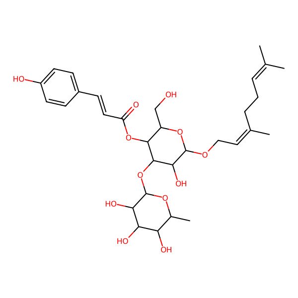 2D Structure of [(2R,3S,4R,5R,6R)-6-[(2E)-3,7-dimethylocta-2,6-dienoxy]-5-hydroxy-2-(hydroxymethyl)-4-[(2S,3R,4R,5R,6S)-3,4,5-trihydroxy-6-methyloxan-2-yl]oxyoxan-3-yl] (E)-3-(4-hydroxyphenyl)prop-2-enoate