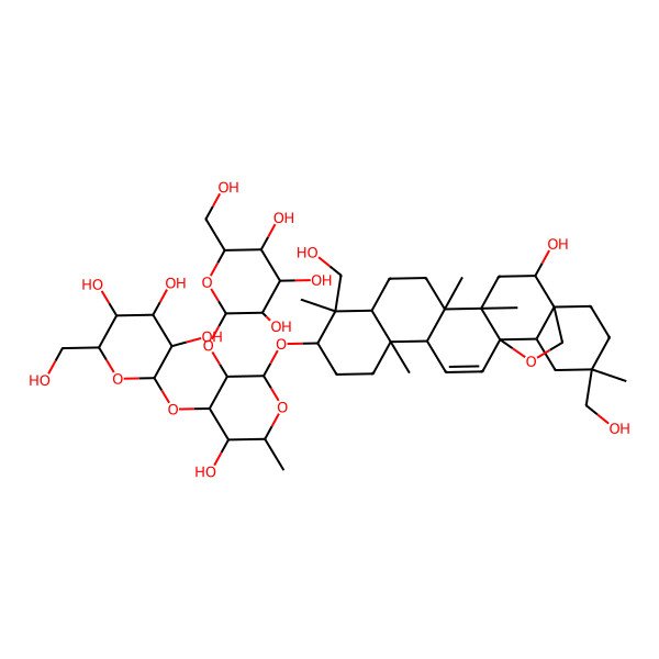 2D Structure of (2S,3R,4S,5S,6R)-2-[(2R,3R,4S,5S,6R)-5-hydroxy-2-[[(1S,2S,4S,5R,8R,9R,10S,13S,14R,17S,18R,20R)-2-hydroxy-9,20-bis(hydroxymethyl)-4,5,9,13,20-pentamethyl-24-oxahexacyclo[15.5.2.01,18.04,17.05,14.08,13]tetracos-15-en-10-yl]oxy]-6-methyl-3-[(2S,3R,4S,5S,6R)-3,4,5-trihydroxy-6-(hydroxymethyl)oxan-2-yl]oxyoxan-4-yl]oxy-6-(hydroxymethyl)oxane-3,4,5-triol