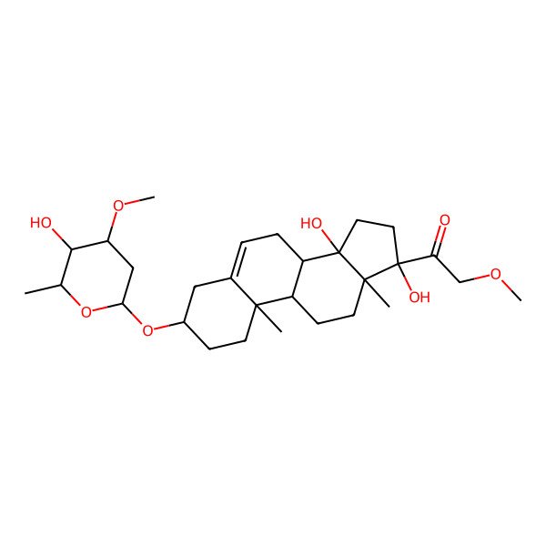 2D Structure of 1-[(3S,8R,9S,10R,13S,14S,17S)-14,17-dihydroxy-3-[(2R,4S,5R,6R)-5-hydroxy-4-methoxy-6-methyloxan-2-yl]oxy-10,13-dimethyl-2,3,4,7,8,9,11,12,15,16-decahydro-1H-cyclopenta[a]phenanthren-17-yl]-2-methoxyethanone