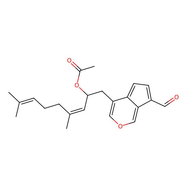 2D Structure of [(3E)-1-(7-formylcyclopenta[c]pyran-4-yl)-4,8-dimethylnona-3,7-dien-2-yl] acetate