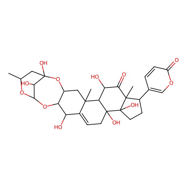 2D Structure of 1,7,13,14,18,25-Hexahydroxy-5,9,23-trimethyl-10-(6-oxopyran-3-yl)-2,20,22-trioxahexacyclo[19.3.1.03,19.05,17.06,14.09,13]pentacos-16-en-8-one