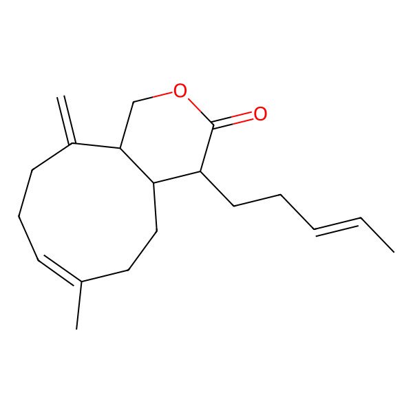 2D Structure of (4S,4aS,7E,11aR)-7-methyl-11-methylidene-4-[(Z)-pent-3-enyl]-1,4,4a,5,6,9,10,11a-octahydrocyclonona[c]pyran-3-one