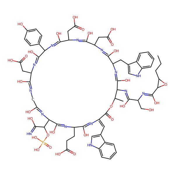 2D Structure of 3-[(3Z,6S,9R,15S,18R,21S,24S,27R,30S,31R)-15,21,24-tris(carboxymethyl)-30-[[(2S)-1,3-dihydroxy-2-[[hydroxy-(3-propyloxiran-2-yl)methylidene]amino]propylidene]amino]-5,8,11,14,17,20,23,26,29-nonahydroxy-9-[(1S)-2-hydroxy-2-imino-1-phosphonooxyethyl]-18-(4-hydroxyphenyl)-27-(1H-indol-3-ylmethyl)-3-(1H-indol-3-ylmethylidene)-31-methyl-2-oxo-1-oxa-4,7,10,13,16,19,22,25,28-nonazacyclohentriaconta-4,7,10,13,16,19,22,25,28-nonaen-6-yl]propanoic acid