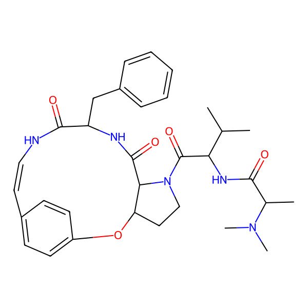 2D Structure of N-(1-{10-benzyl-8,11-dioxo-2-oxa-6,9,12-triazatricyclo[13.2.2.0^{3,7}]nonadeca-1(17),13,15,18-tetraen-6-yl}-3-methyl-1-oxobutan-2-yl)-2-(dimethylamino)propanamide