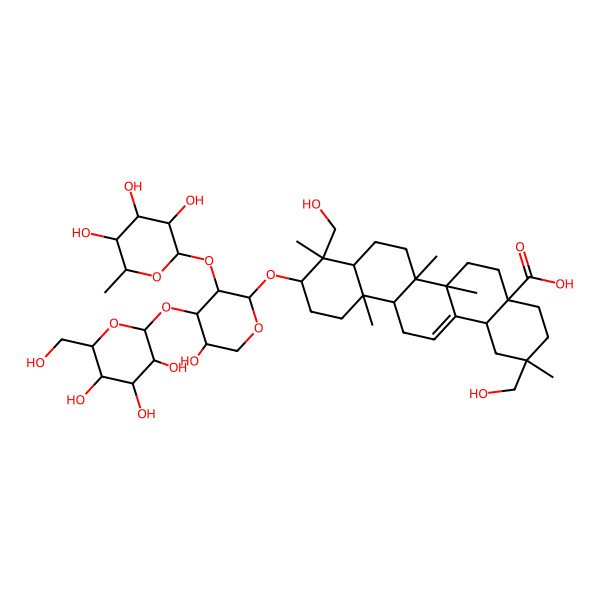 2D Structure of 2,9-Bis(hydroxymethyl)-10-[5-hydroxy-4-[3,4,5-trihydroxy-6-(hydroxymethyl)oxan-2-yl]oxy-3-(3,4,5-trihydroxy-6-methyloxan-2-yl)oxyoxan-2-yl]oxy-2,6a,6b,9,12a-pentamethyl-1,3,4,5,6,6a,7,8,8a,10,11,12,13,14b-tetradecahydropicene-4a-carboxylic acid