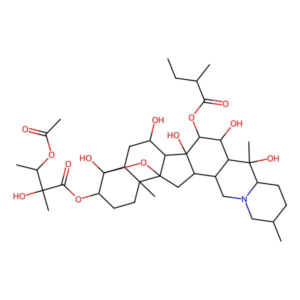 2D Structure of [(1S,2R,6S,9S,10R,11S,12R,13S,14S,15R,16R,18S,19S,22R,23S,25R)-10,12,14,16,23-pentahydroxy-6,10,19-trimethyl-13-[(2R)-2-methylbutanoyl]oxy-24-oxa-4-azaheptacyclo[12.12.0.02,11.04,9.015,25.018,23.019,25]hexacosan-22-yl] (2R,3R)-3-acetyloxy-2-hydroxy-2-methylbutanoate