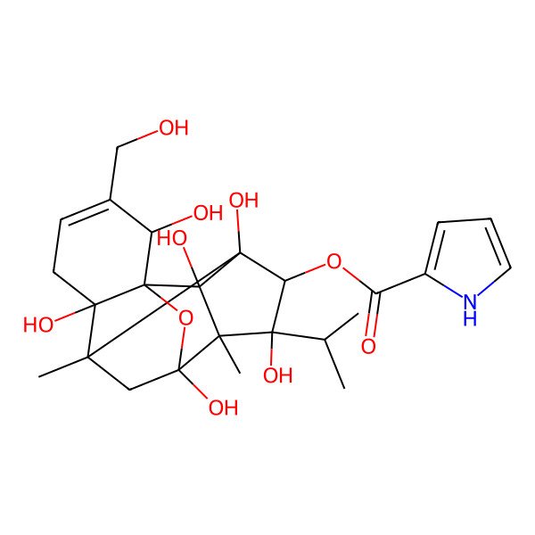 2D Structure of [2,6,9,11,13,14-hexahydroxy-3-(hydroxymethyl)-7,10-dimethyl-11-propan-2-yl-15-oxapentacyclo[7.5.1.01,6.07,13.010,14]pentadec-3-en-12-yl] 1H-pyrrole-2-carboxylate